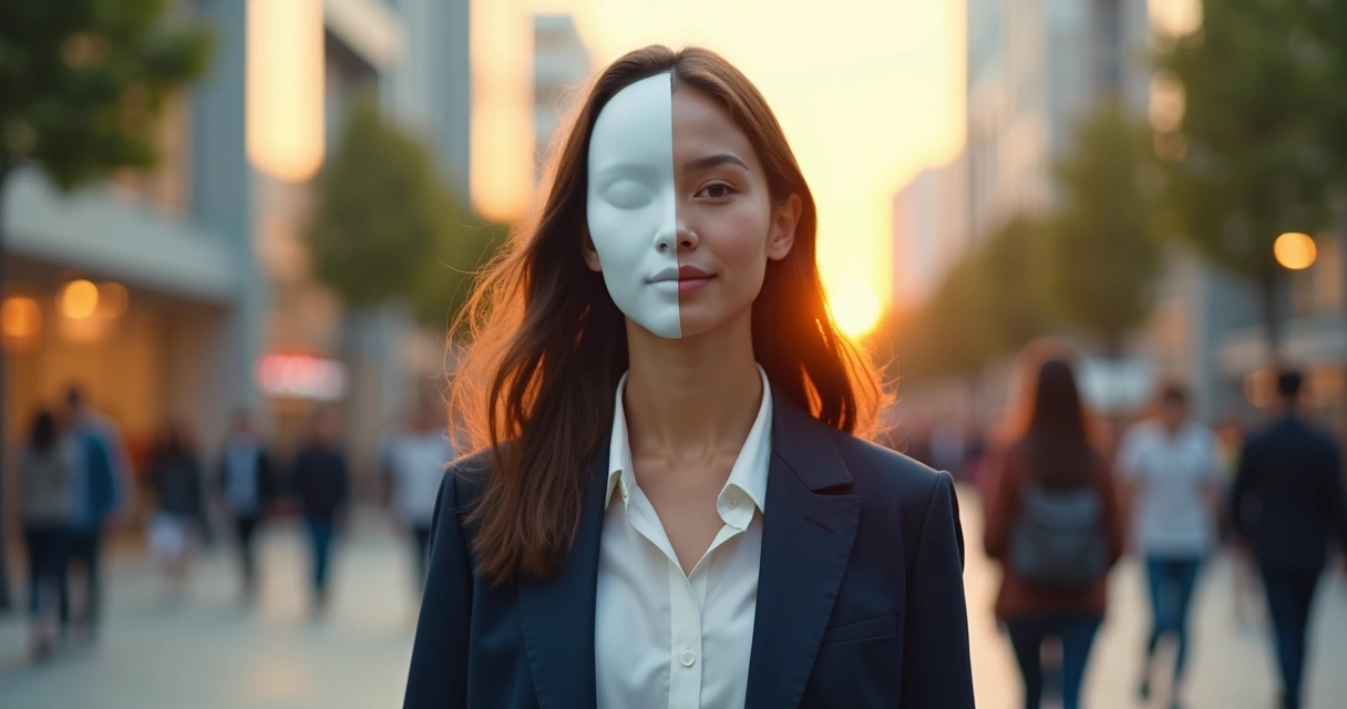 Pessoa metade com máscara social metade autêntica diante de fundo urbano 