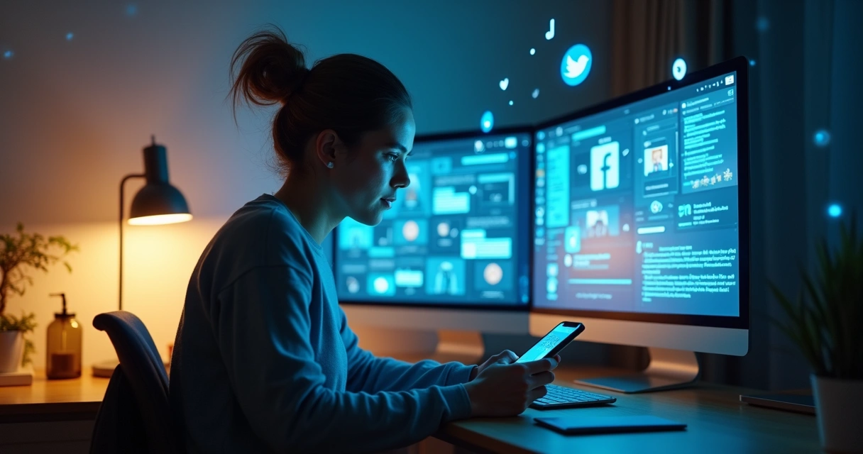 Pessoa olhando para celular cercada por telas enquanto mantém expressão serena e autêntica 
