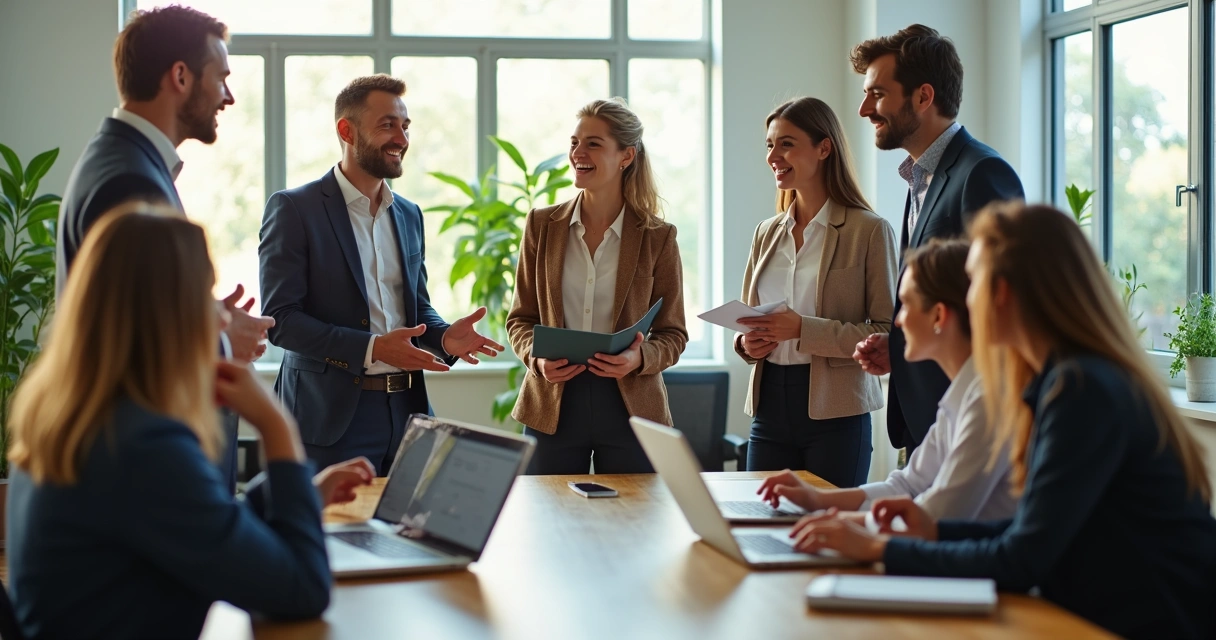 Equipe diversa em escritório colaborativo sorrindo em conversa informal 