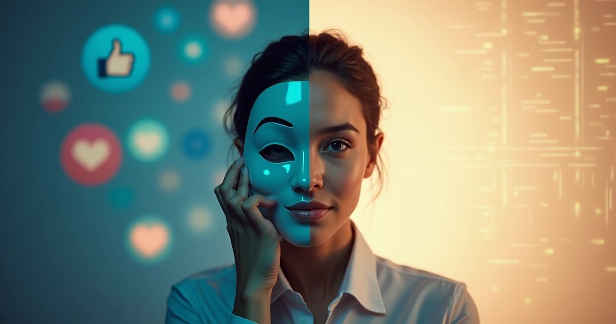 Pessoa se olhando dividida entre máscara social e expressão autêntica 