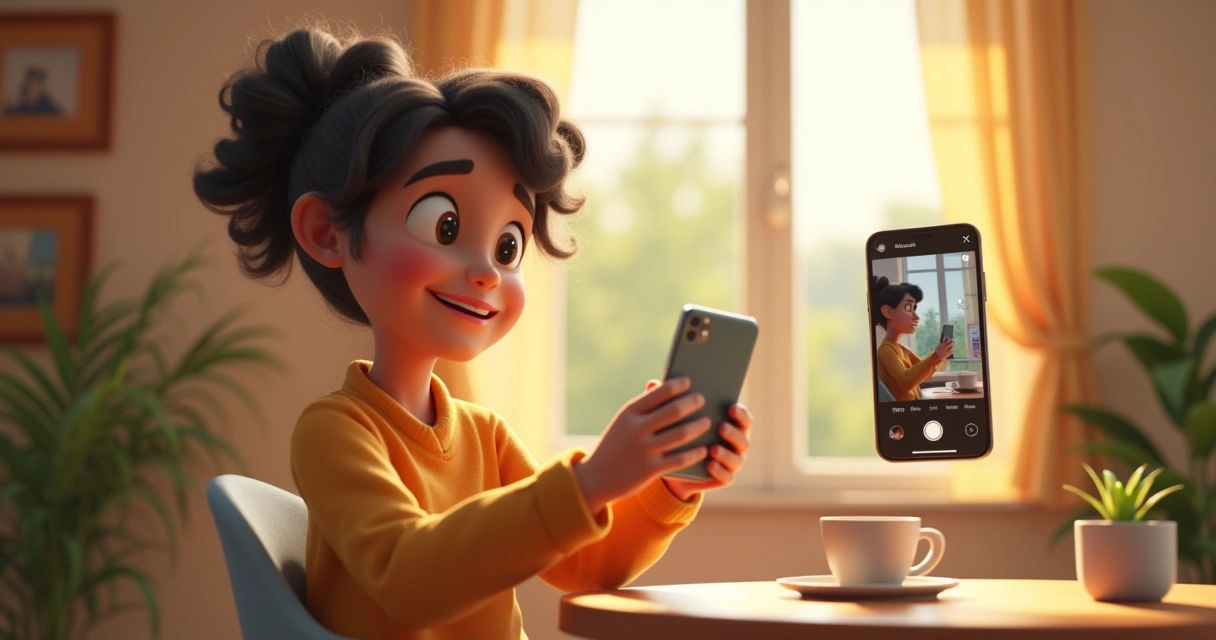 Pessoa sorrindo ao gravar vídeo autêntico para as redes sociais