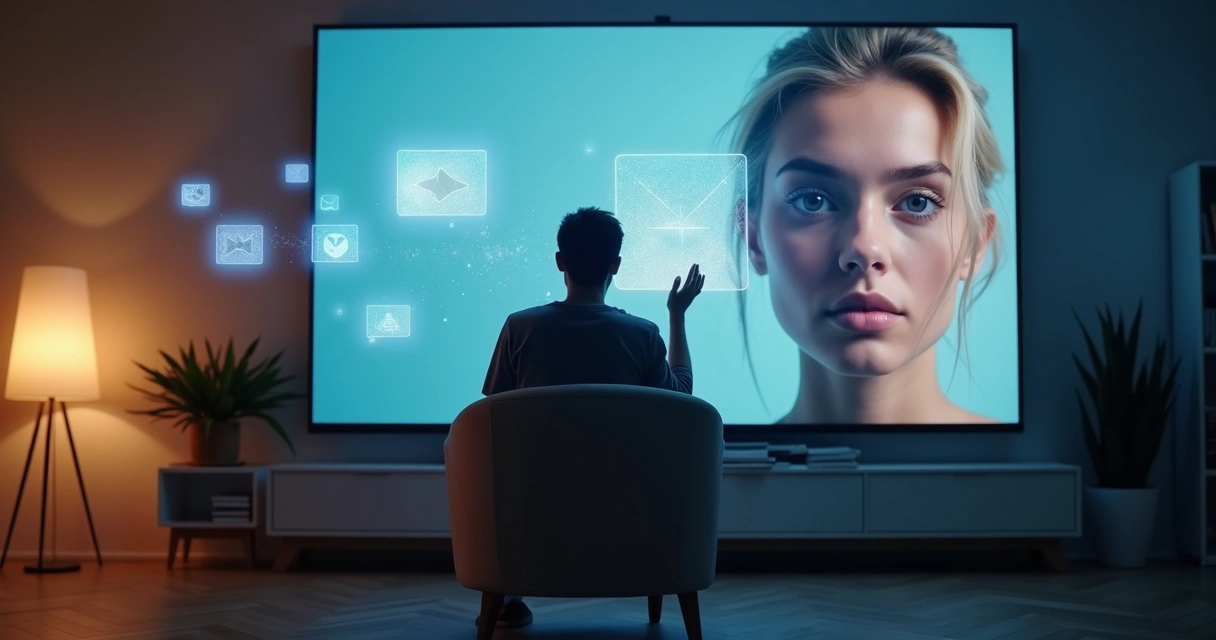 Pessoa diante de tela gigante tirando máscaras digitais das redes sociais 