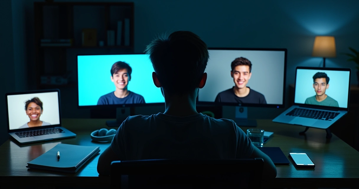 Pessoa diante de vários dispositivos digitais revelando diferentes versões de si mesma 