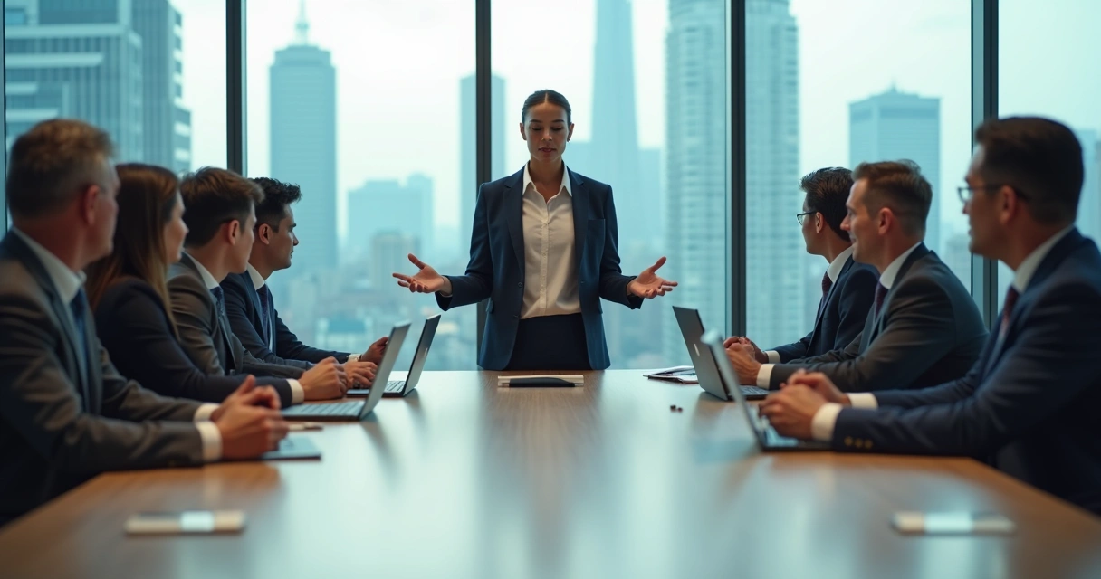 Profissional expressivo em reunião corporativa cinza 