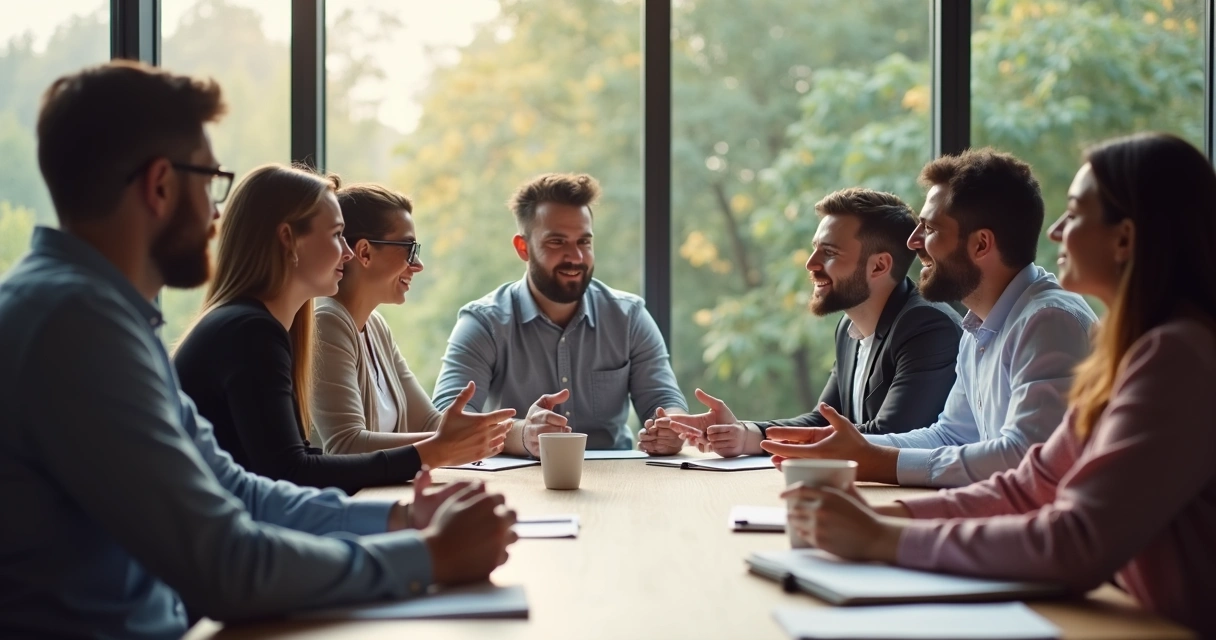Equipe diversa em reunião de trabalho, com expressão de respeito e colaboração.