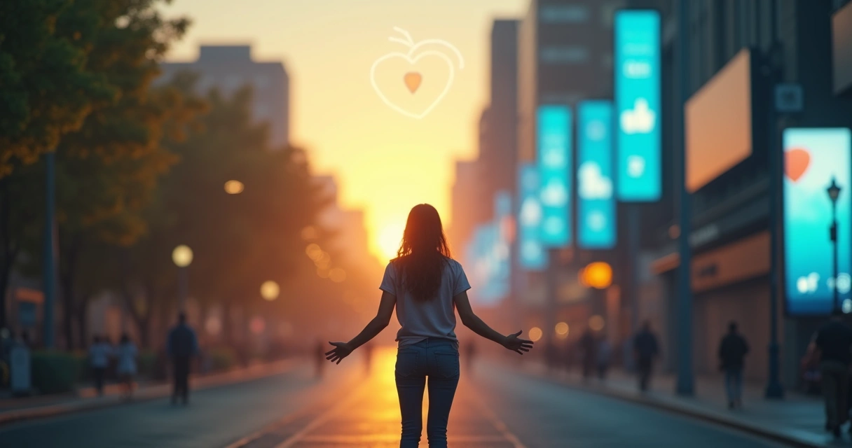 Pessoa em pé entre dois caminhos, um com símbolo de coração e outro com ícone de curtidas 