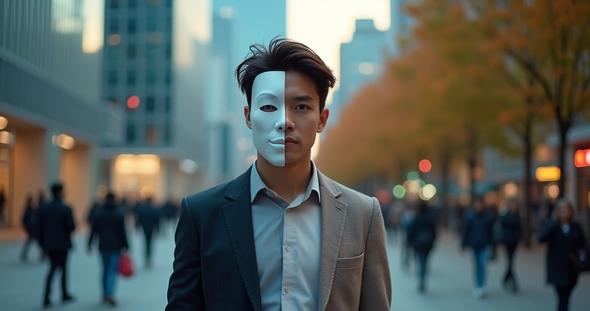 Pessoa dividida entre máscara social e eu autêntico em cenário urbano contemporâneo 