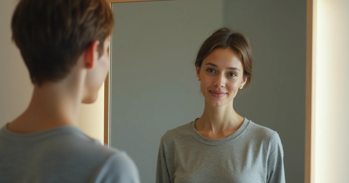 Pessoa diante de dois reflexos contrastando autenticidade e performance 