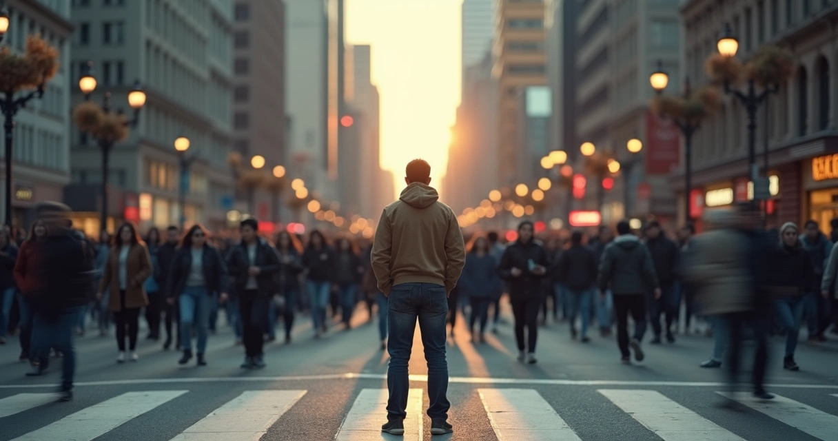 Pessoa em pé destacada em meio a multidão andando na direção oposta 