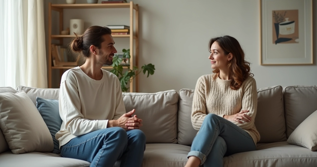Duas pessoas conversando com autenticidade e vulnerabilidade em um sofá 