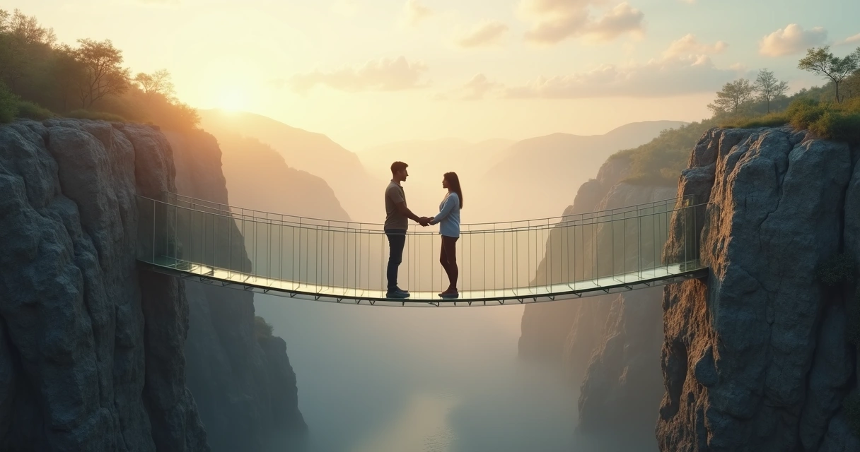 Two people on separate cliffs meeting on a suspended bridge at sunrise 