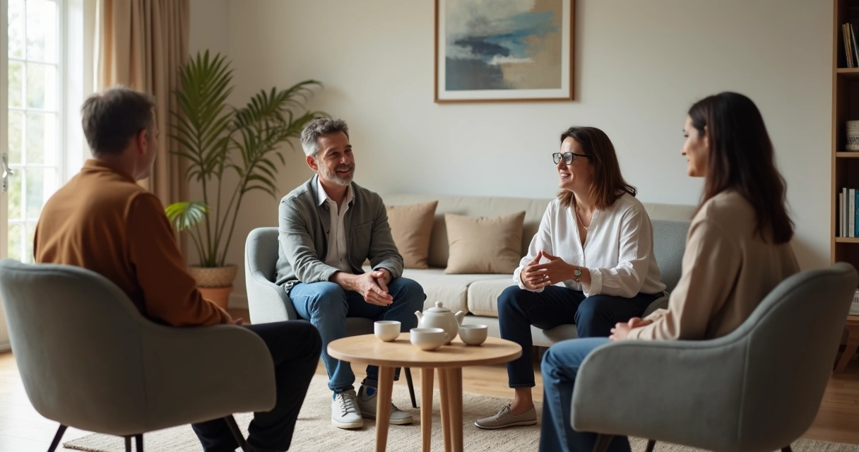 Small group seated in a circle having an attentive conversation 