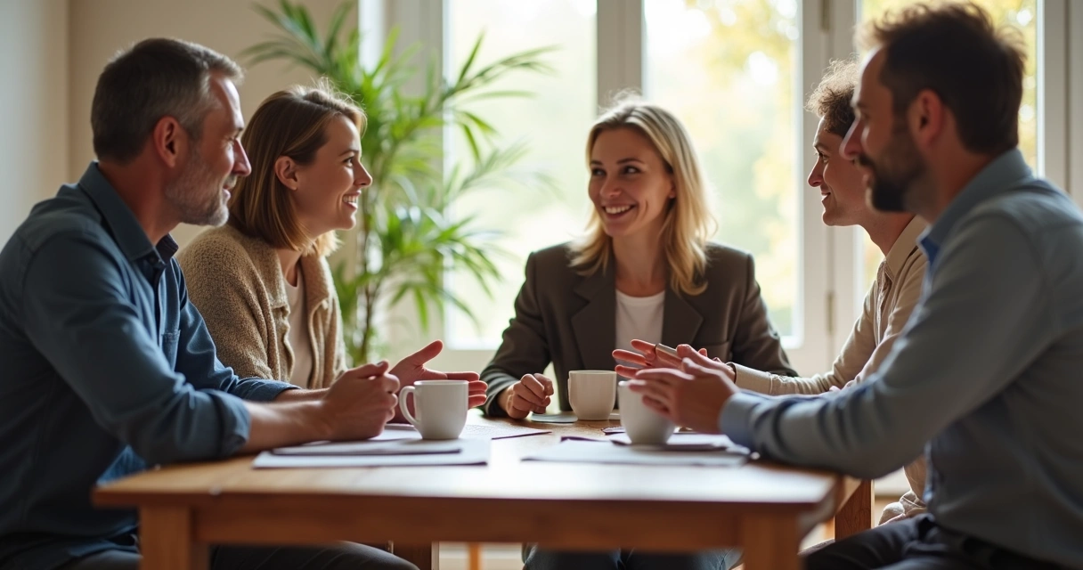People engaged in a sincere group conversation around a table