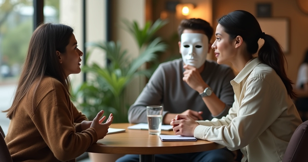 Two people talking at a table with one hiding a theatrical mask behind their back 