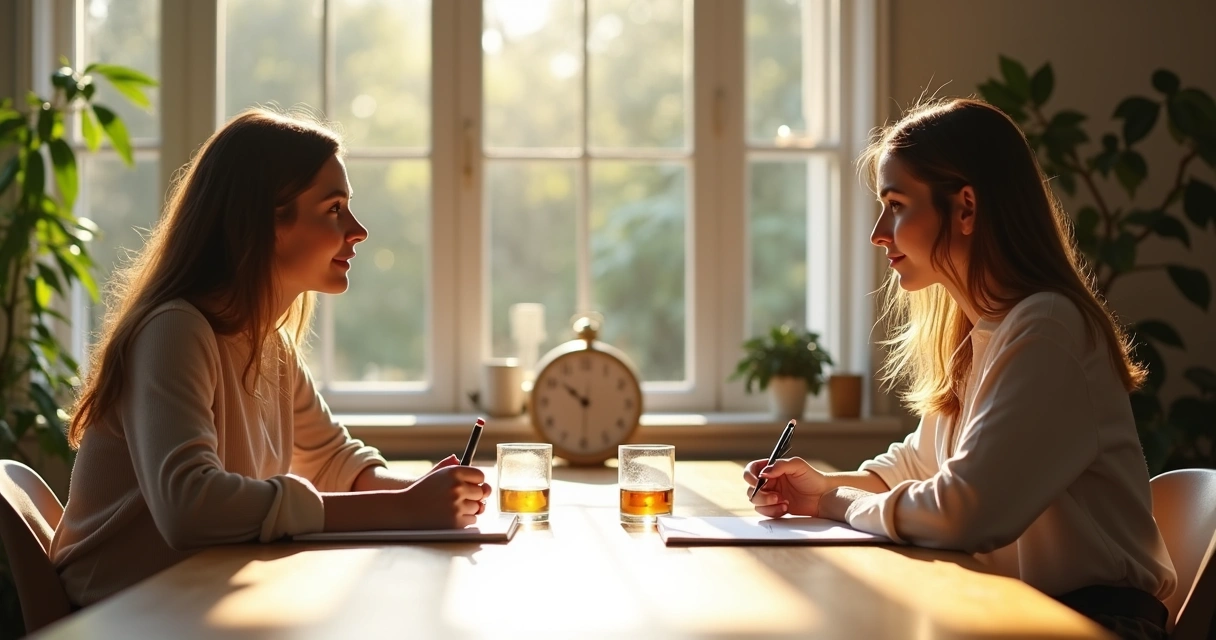 Two people sit face to face in a warm, naturally lit room with open notebooks and pens, having an honest discussion. 