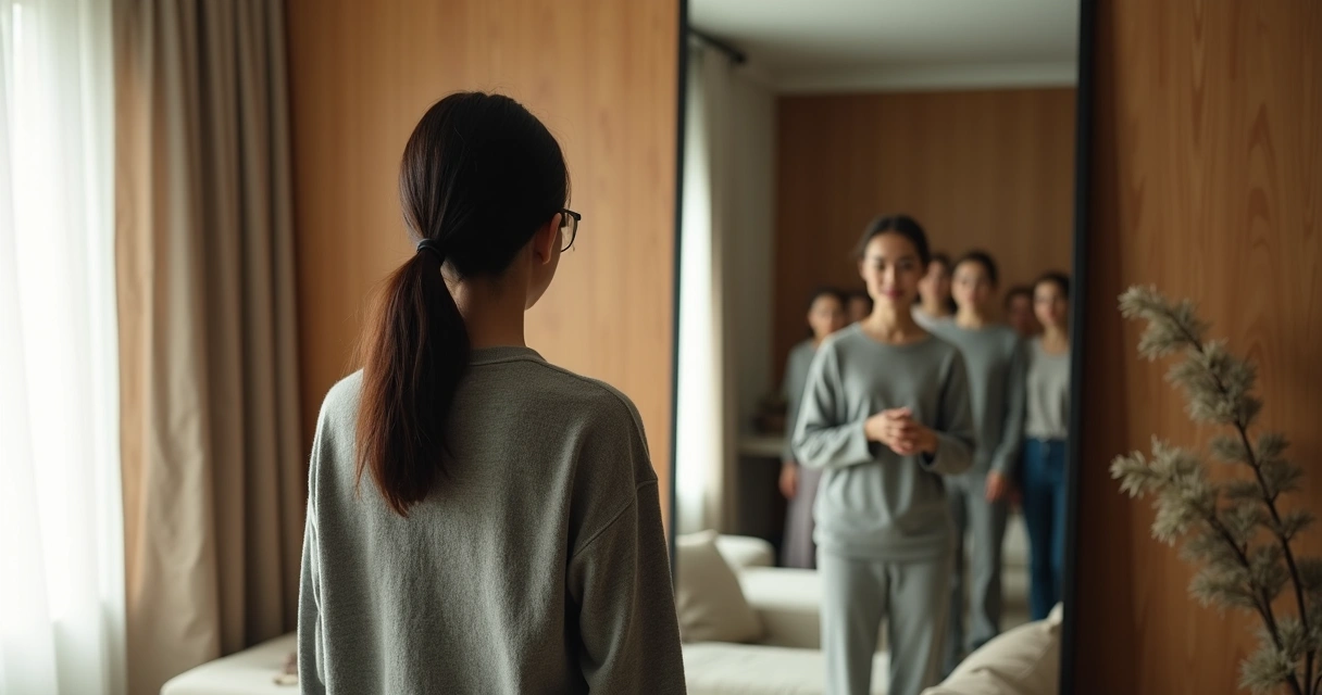 Person looking into a mirror with reflected crowd of faces 