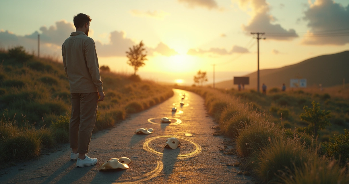 Person standing on a path that shifts from masks to inner light 