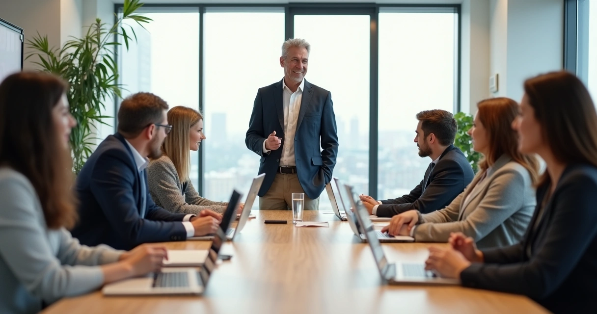 Calm leader standing at the head of a meeting table with attentive team 
