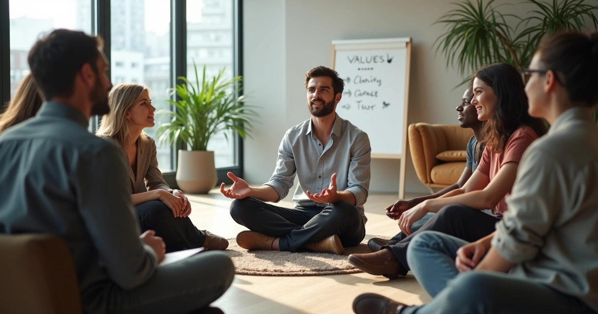 Leader sharing openly with team in relaxed circle meeting 
