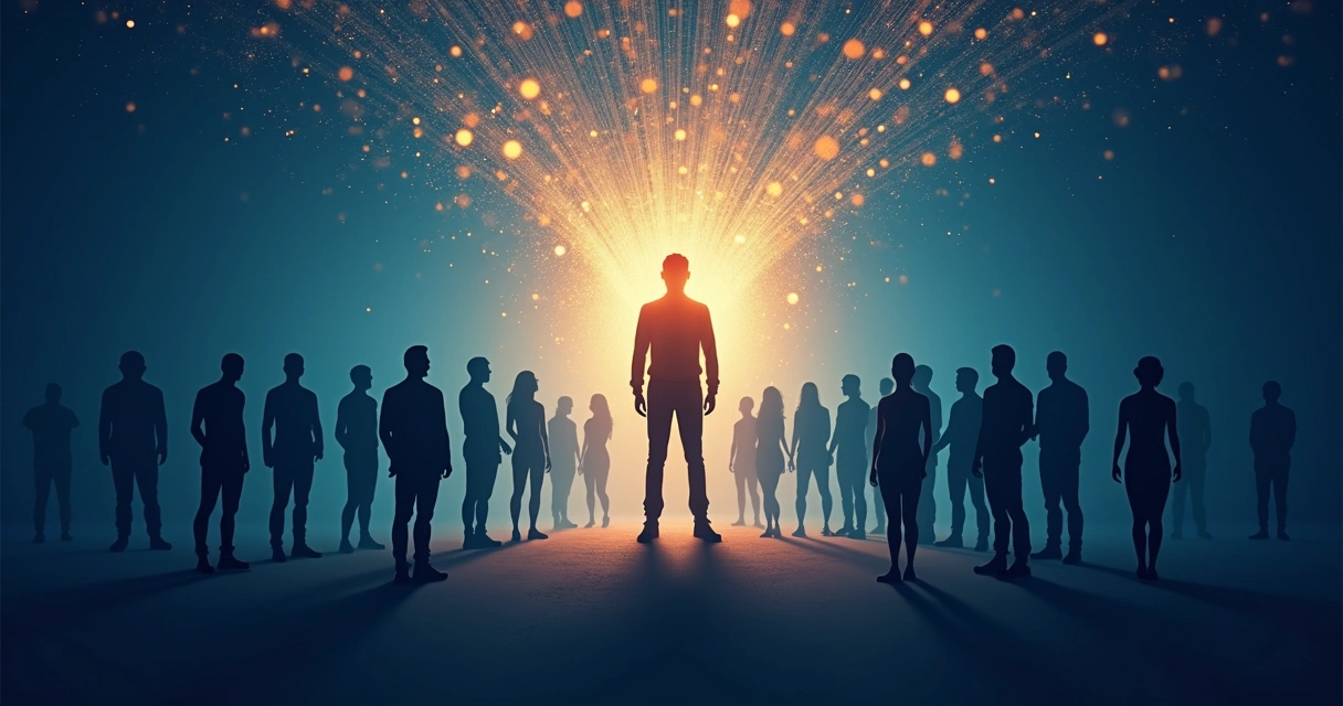 Abstract artistic depiction of a glowing person radiating light to connected silhouettes, symbolizing purpose and unity 