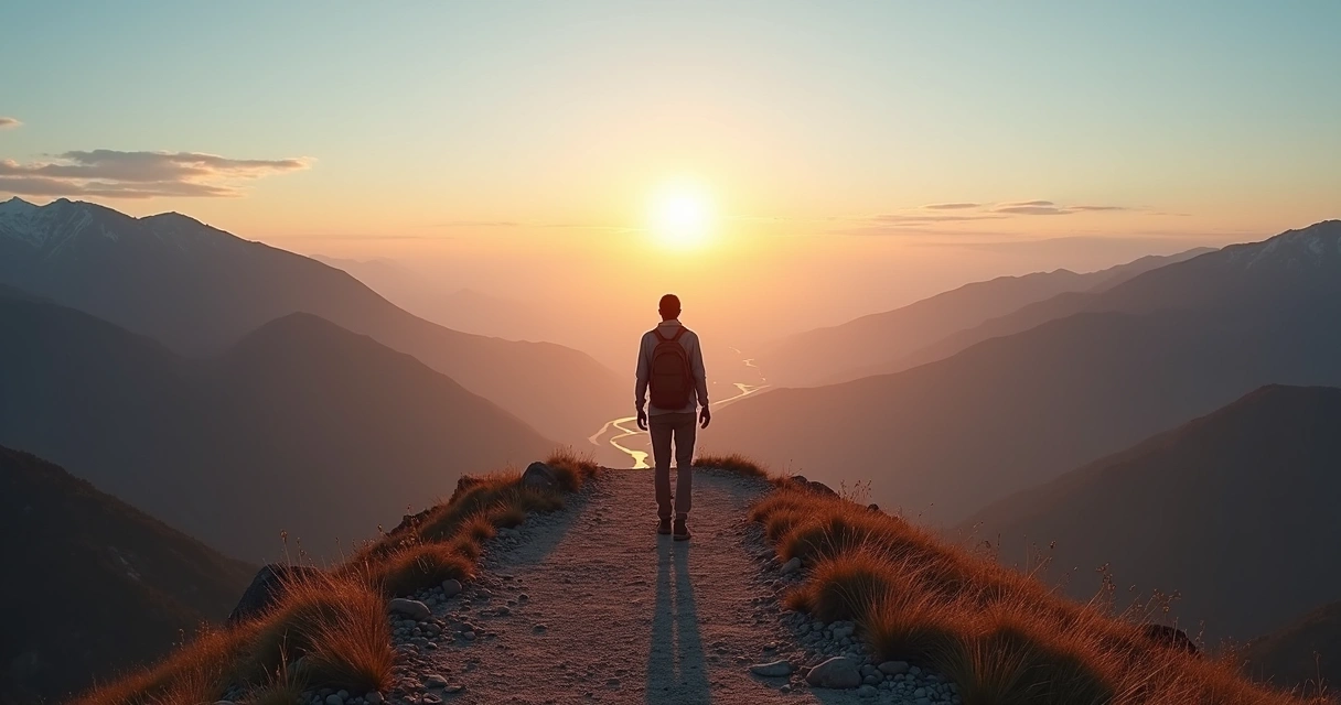 Person standing on a mountain path at sunrise looking toward a glowing horizon 