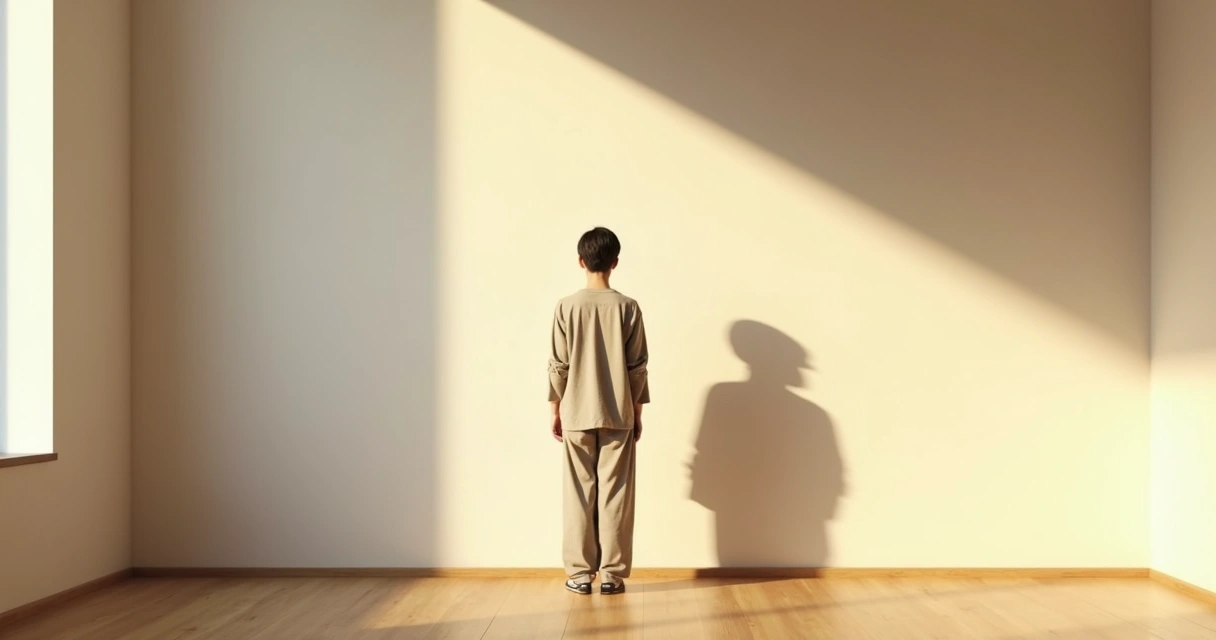 Person facing their own shadow on a wall in soft warm light 