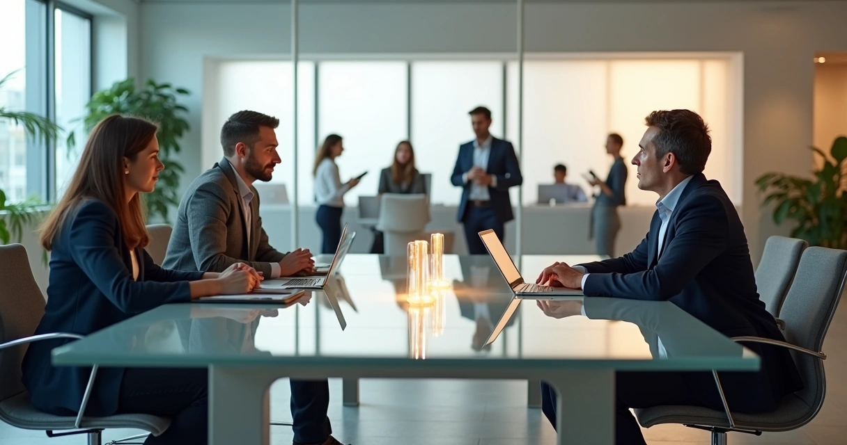 Diverse team separated by transparent glass walls in a modern office 