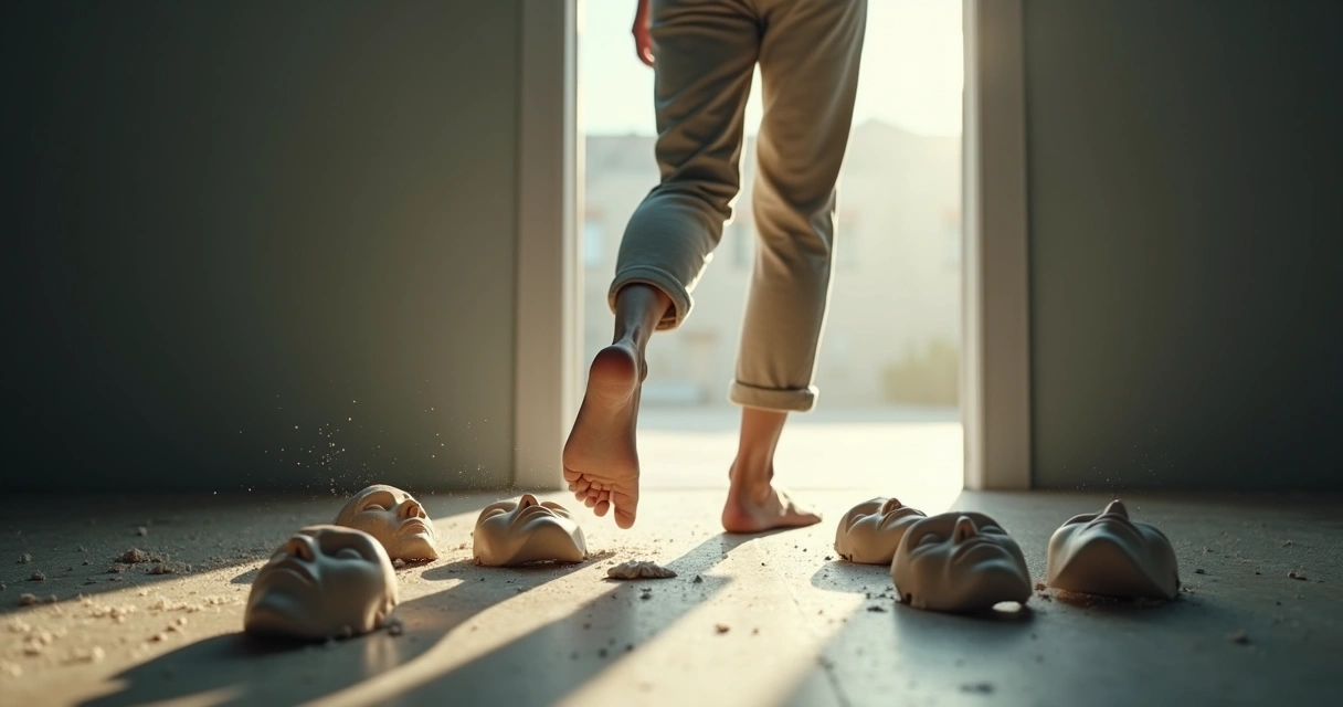 Person stepping through a doorway as theatrical masks crumble behind 