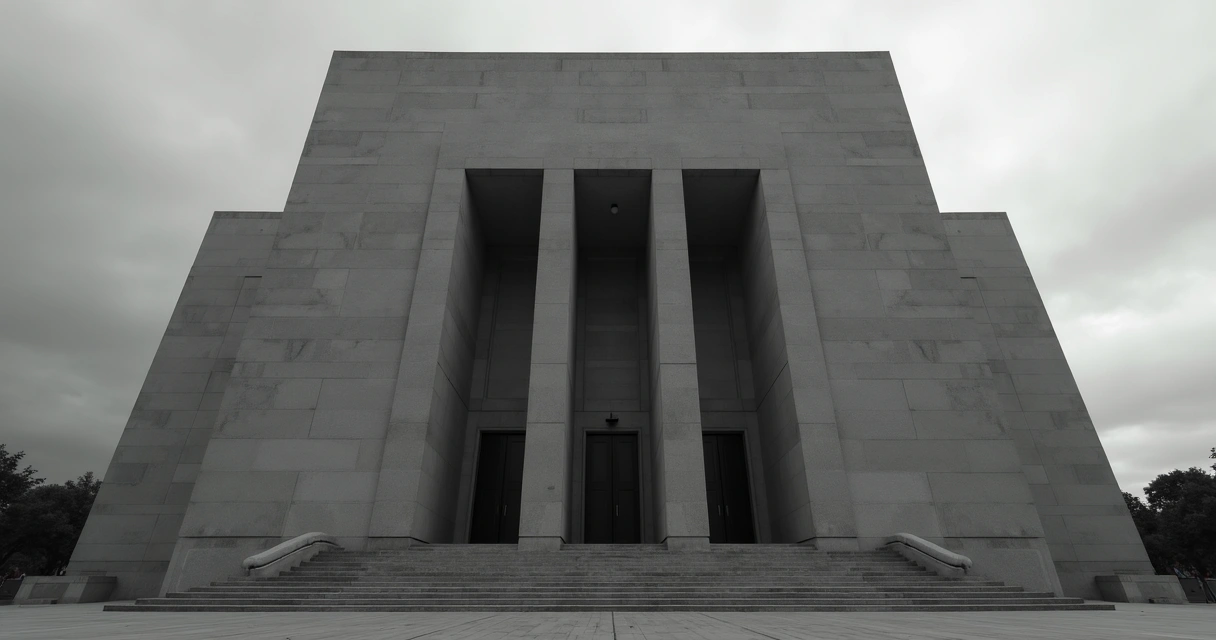 Tall government building with closed heavy doors, rigid lines, and gray skies 