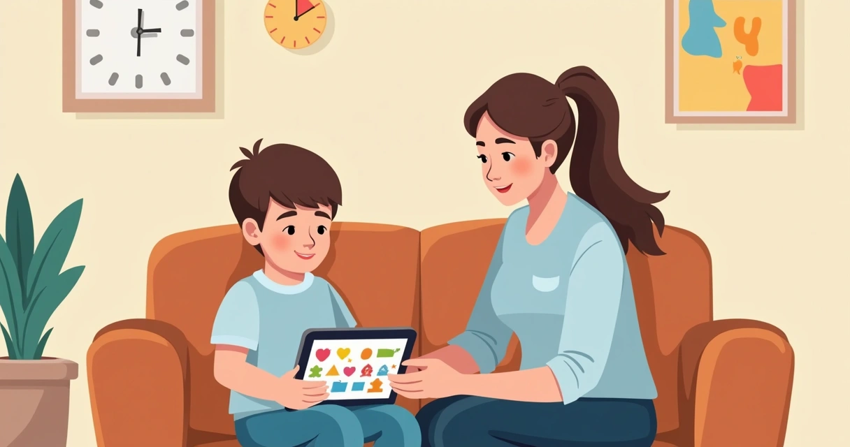 Pessoa autista usando tablet em casa ao lado de responsável 