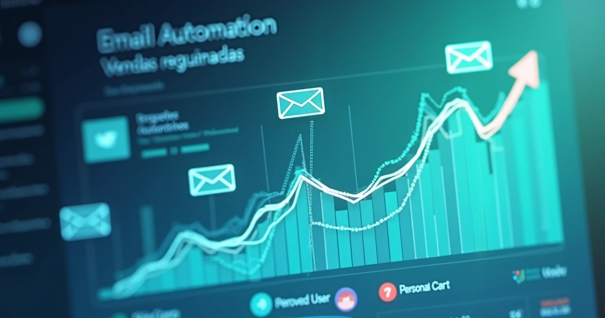 Painel digital mostrando automação de envio de emails e métrica de vendas recuperadas 