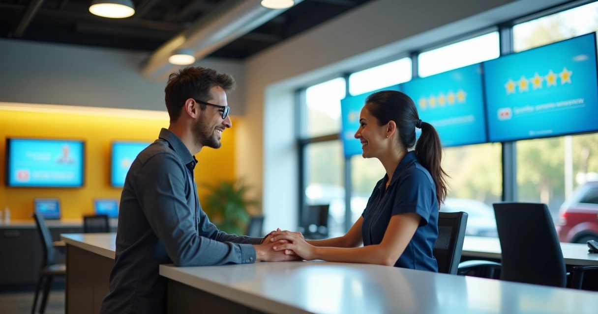 Recepção moderna de auto center com cliente sendo atendido e comunicação digital ao fundo 
