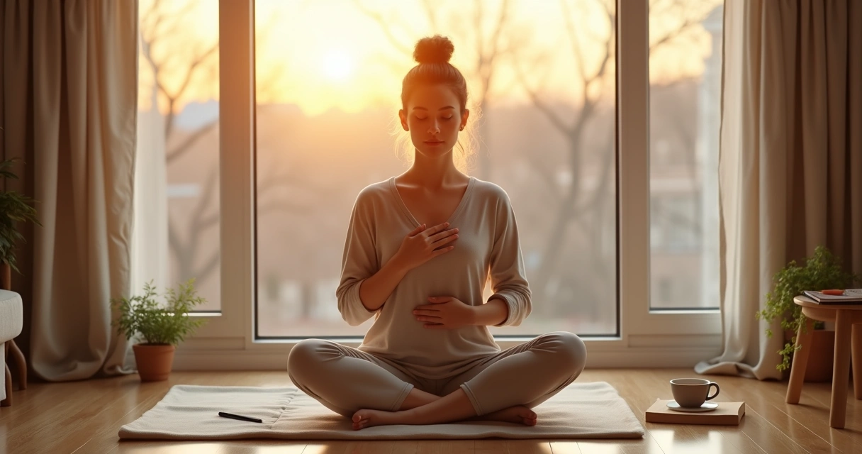 Pessoa sentada no chão perto da janela praticando auto compaixão e meditação 