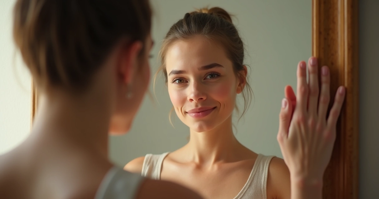 Pessoa adulta olhando para si mesma no espelho com expressão de acolhimento 