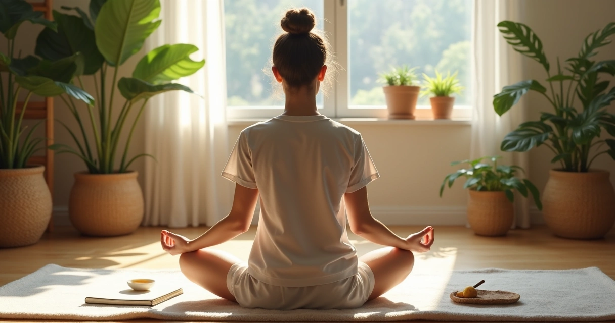 Pessoa em ambiente tranquilo praticando meditação.