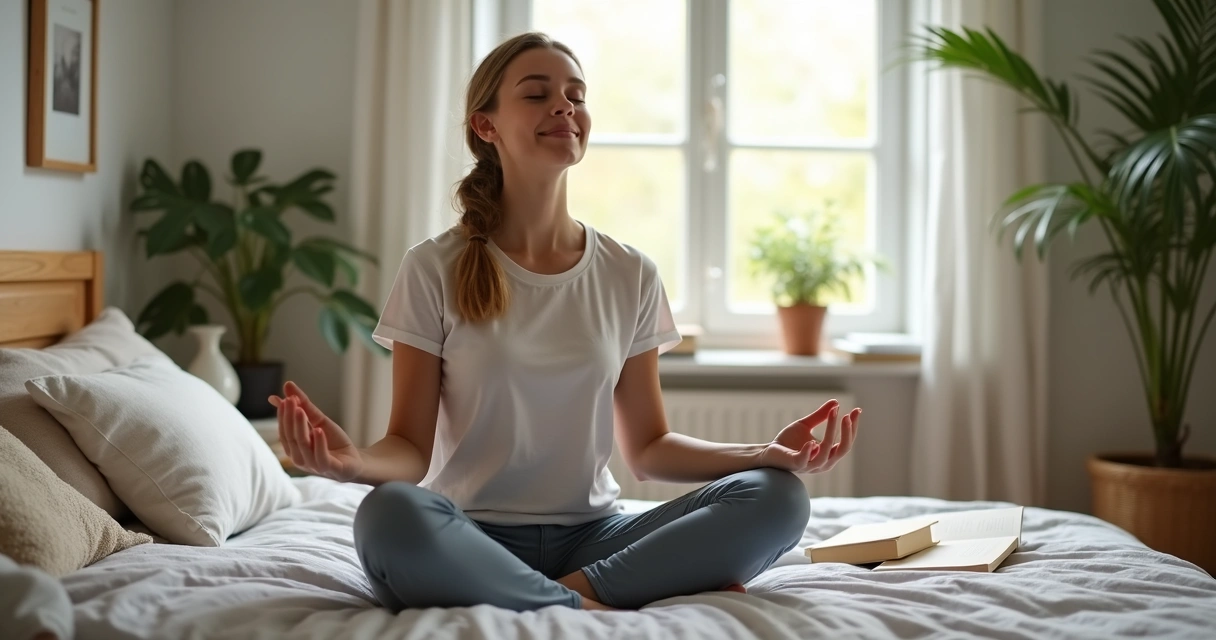 Estudante praticando autocuidado com expressão relaxada 