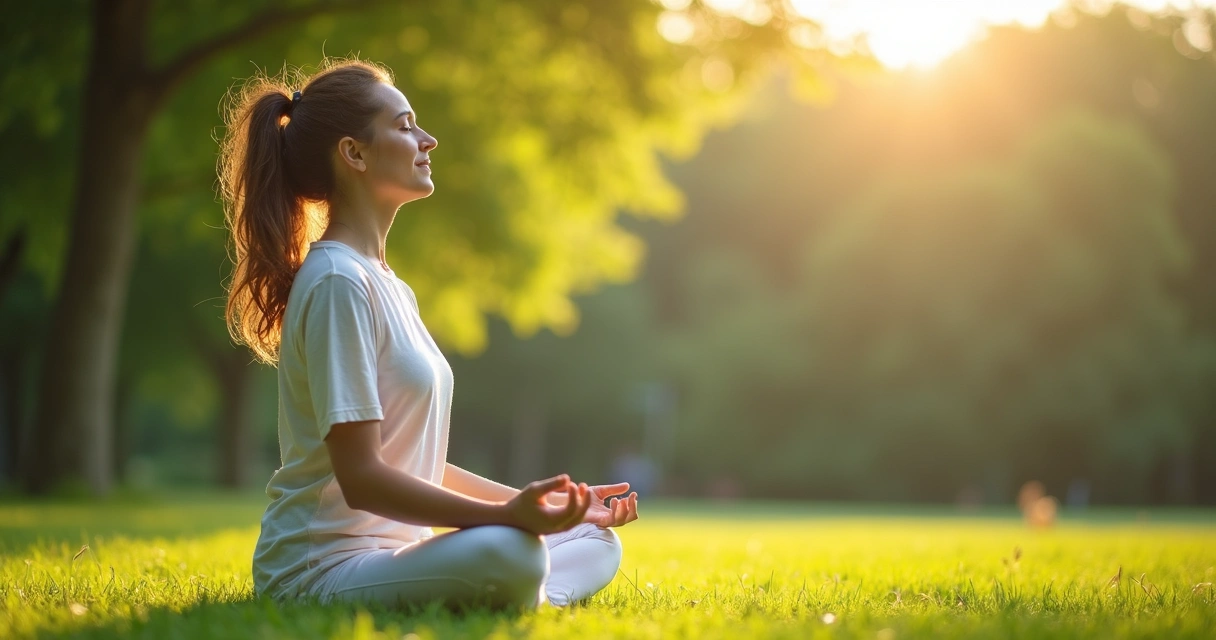 Pessoa sentada em posição de meditação ao ar livre, em cenário natural com árvores ao fundo 