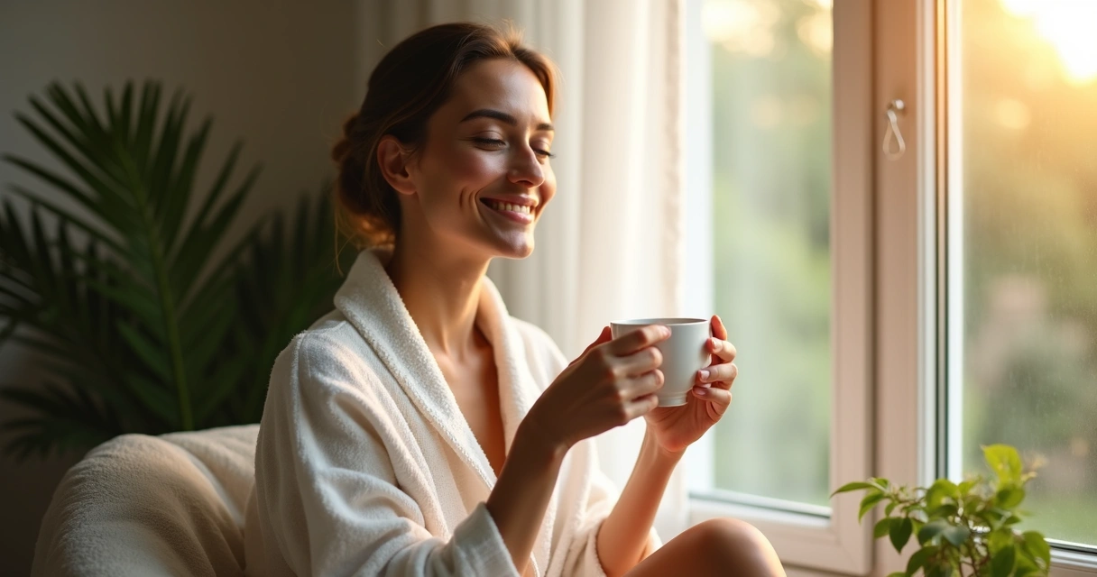 Mulher praticando autocuidado com olhar sereno 