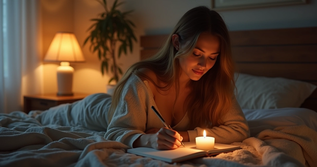 Mulher sentada em cama arrumada, escrevendo em caderno após banho noturno, com vela acesa ao lado 