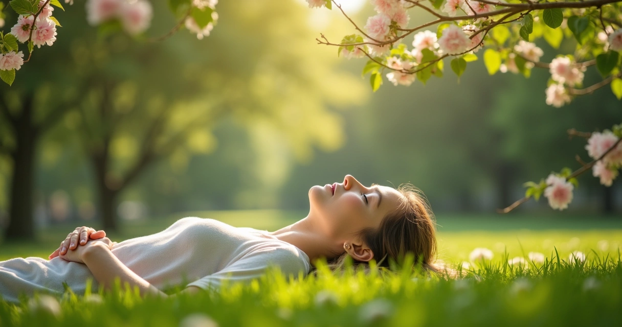 Pessoa deitada no gramado em contato com a natureza 