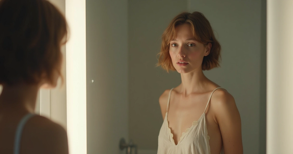 Pessoa olhando para o espelho refletida de forma serena 