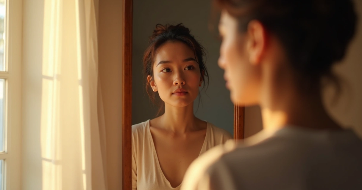 Pessoa olhando para si mesma no espelho em reflexão tranquila. 