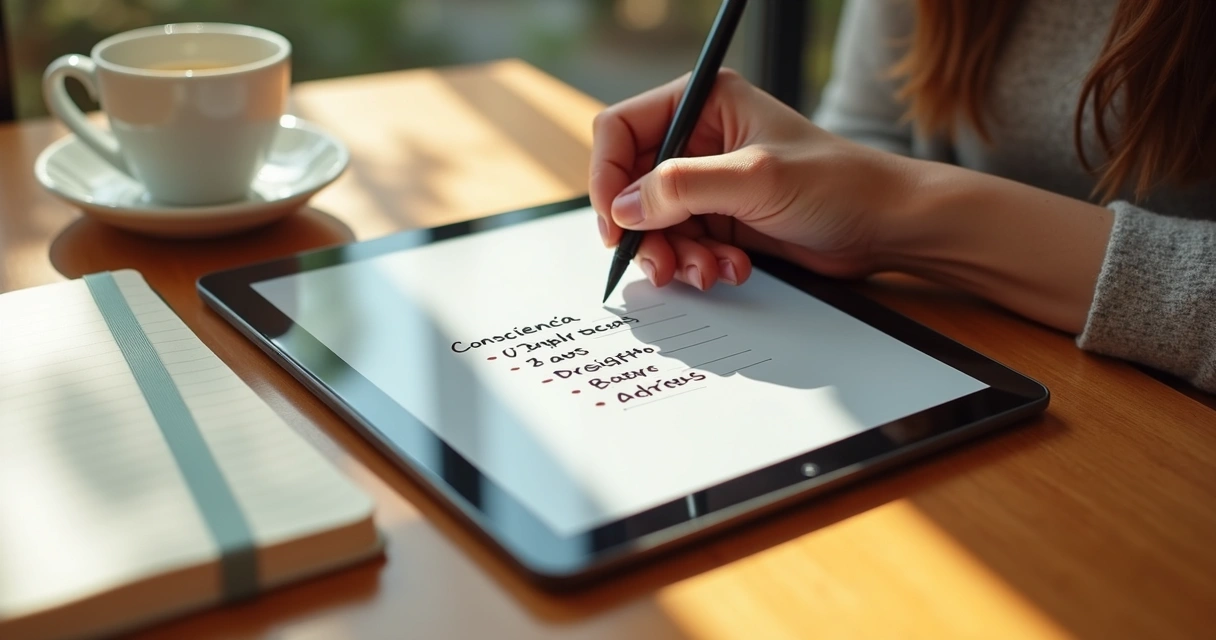 Pessoa fazendo registro reflexivo em tablet, ao lado de xícara e caderno, ambiente claro. 