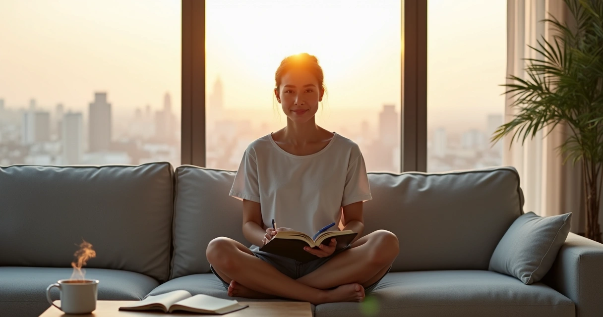 Pessoa sentada em frente à janela refletindo em um caderno com expressão serena 