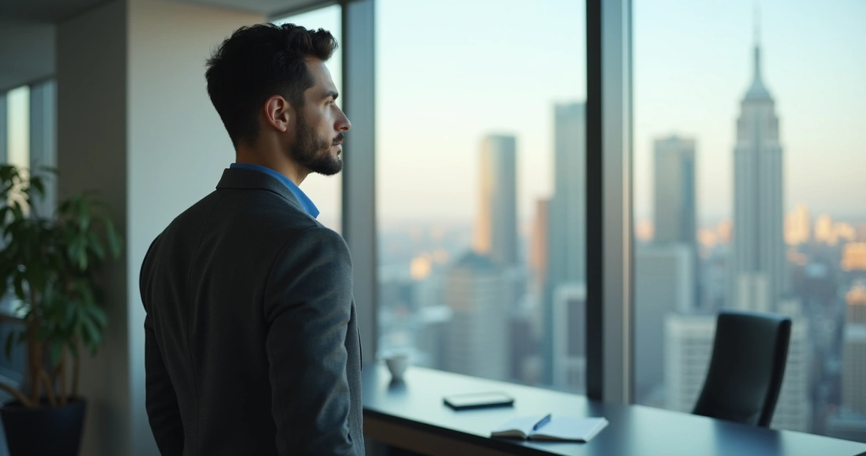 Pessoa sozinha em ambiente de escritório moderno olhando pela janela pensativa 