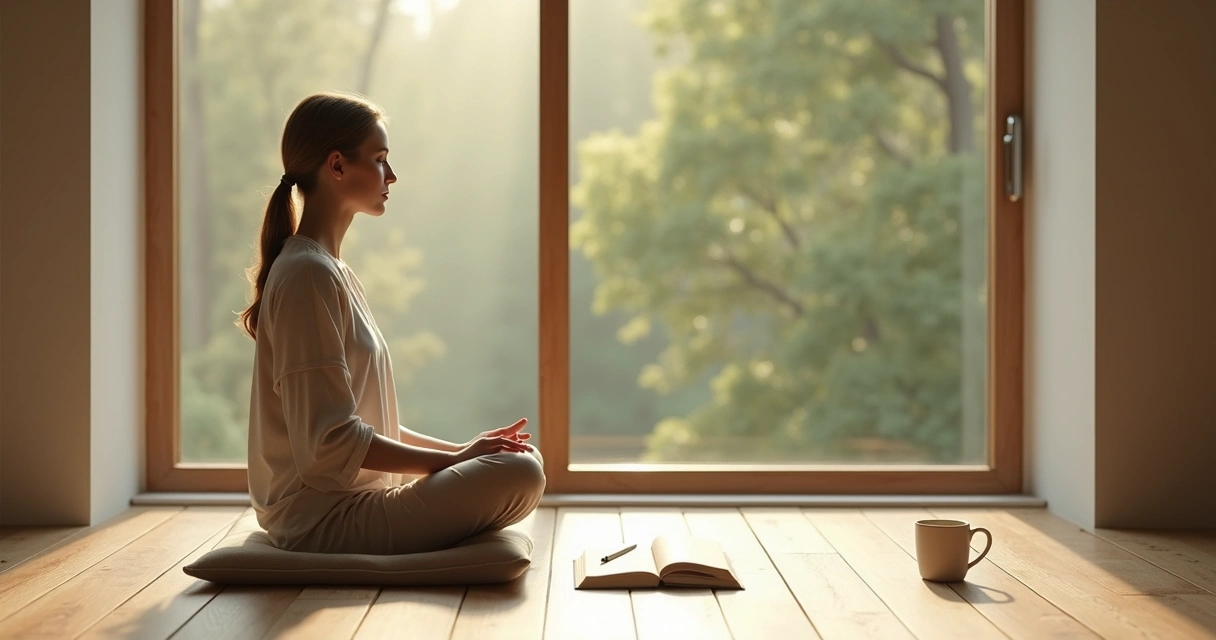 Pessoa sentada em silêncio perto da janela praticando auto-observação 