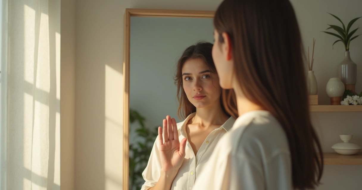 Pessoa refletindo diante de espelho, interior iluminado suave