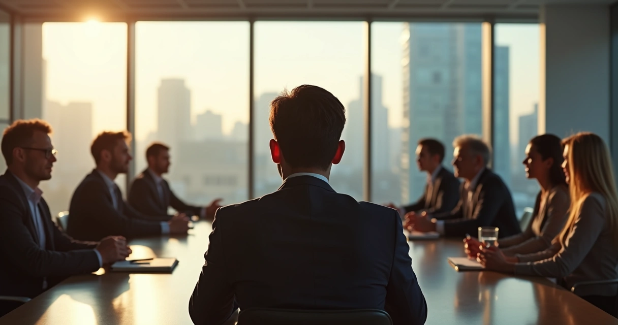 Pessoa refletindo em sala de reunião enquanto observa colegas 