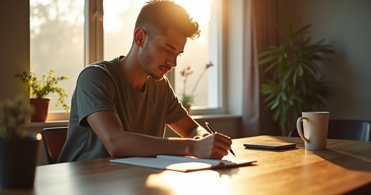Jovem sentado à mesa de manhã refletindo e escrevendo em um caderno