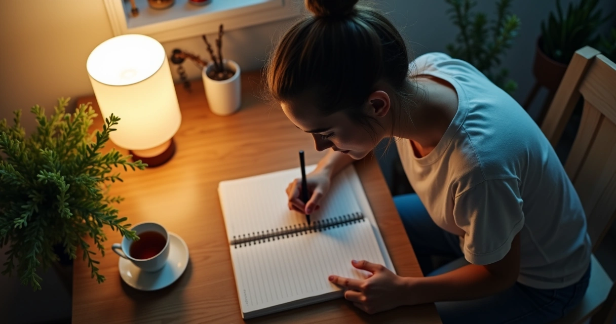 Pessoa sentada com caderno escrevendo o que sente